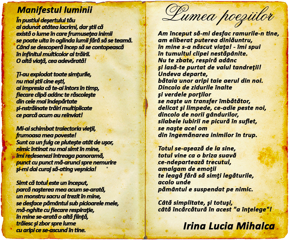 Irina Lucia Mihalca, Manifestul luminii, lumea, poeziilor, poeti clasici, poeti contemporani, versuri