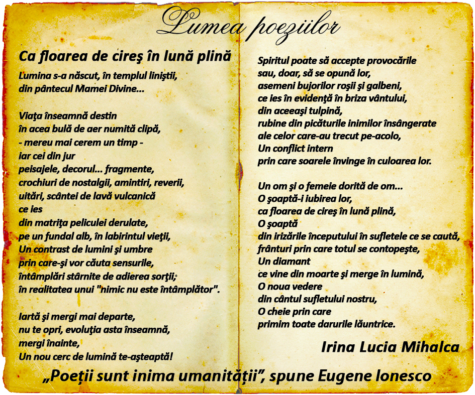 Lumea poeziilor: Irina Lucia Mihalca - Ca floarea de cireş în lună plină