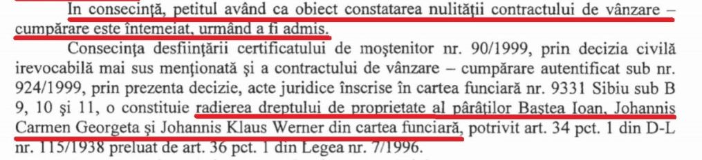 Extras din decizia Tribunalului Brașov, pronunțată în mai 2014, prin care se dispune anularea titlului de proprietate al familiei Ioahnis pentru clădirea de pe Strada Nicolae Bălcescu nr. 29. Decizia a rămas definitivă prin verdictul Curții de Apel Brașov din noiembrie 2015.