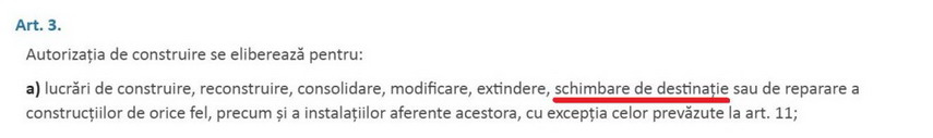 Unul dintre primele articole cuprinse în corpul Legii Construcțiilor spune că schimbarea destinației unei clădiri se poate face numai prin autorizație de construire. 