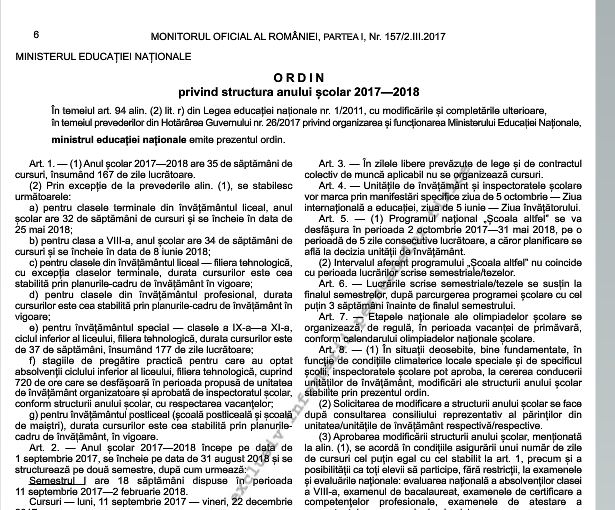Atenție Profesori și Elevi Ordinul Ministrului Educației Naționale Privind Structura Anului Scolar 2017 2018 Text Integral