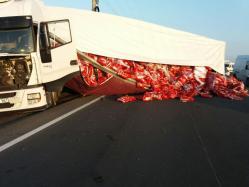 Un autocamion răsturnat blochează un drum național. Este încărcat cu hrană pentru câini (video) 