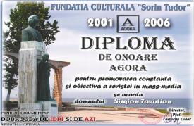 Aprilie 2006, Simion Tavitian - Diplomă de onoare Agora. Fundaţia culturală „Sorin Tudor“       