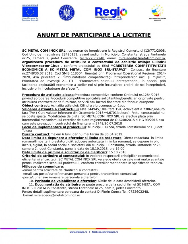 anunt de participare la licitatie participare