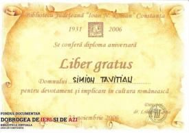 Diploma Liber gratus - Biblioteca Județeană Ioan N. Roman Constanța, 23.11.2006