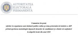 Comunicat de presă referitor la organizarea unei dezbateri publice online pe tema proiectului de hotărâre a AEP privind aprobarea metodologiei depunerii dosarelor de candidatură și a listelor de susținători la alegerile locale din anul 2020
