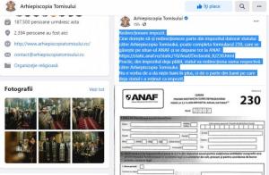 Apel pentru redirecționarea unei părți a impozitului către Arhiepiscopia Tomisului conform Formular 230