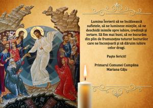 Primarul comunei Cumpăna Mariana Gâju Lumina Învierii să ne încălzească suflete, să ne lumineze mințile, să ne deschidă inimile spre iubire, credință și iertare.