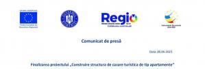Comunicat de presă Finalizarea proiectului „Construire structura de cazare turistică de tip apartamente\
