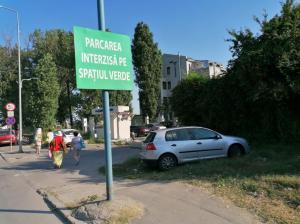 Culmea tupeului! Un șofer a parcat autoturismul pe spațiul verde, chiar sub panoul care interzice acest lucru