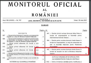 Hotărârea de Guvern prin care Andrei Novac, ginerele președintelui CJ Constanța, a fost numit de secretar de stat la MAE  