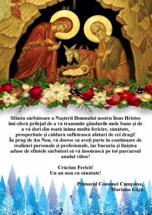 Primăria Comunei Cumpăna, mesaj de Crăciun și de Anul Nou