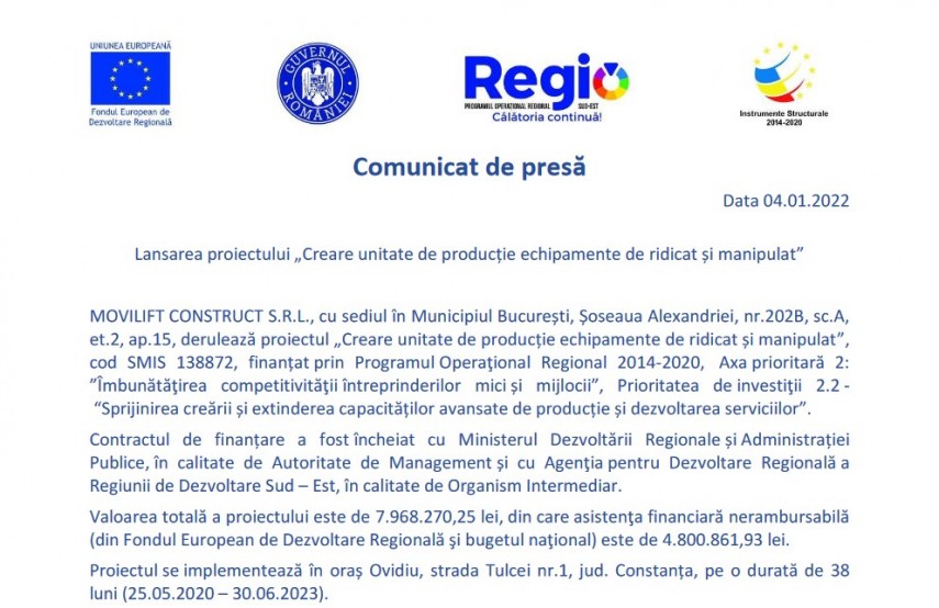 Comunicat de presa: Lansarea proiectului Creare unitate de productie echipamente de ridicat si manipulat 