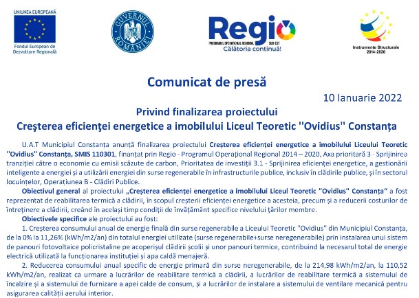 Comunicat de presa: Finalizarea proiectului Cresterea eficientei energetice a imobilului Liceul Teoretic Ovidius“ Constanta 