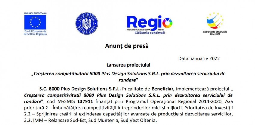 Anunt de presa: Lansarea proiectului Cresterea competitivitatii 8000 Plus Design Solutions S.R.L. prin dezvoltarea serviciului de randare   