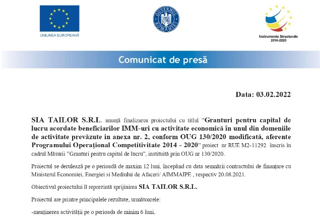 Comunicat de presa: SIA TAILOR SRL anunta finalizarea unui proiect in cadrul Masurii Granturi pentru capital de lucru“
