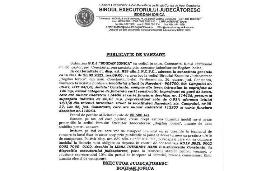 Publicatie de vanzare BEJ Bogdan Ionica - imobil situat in Navodari