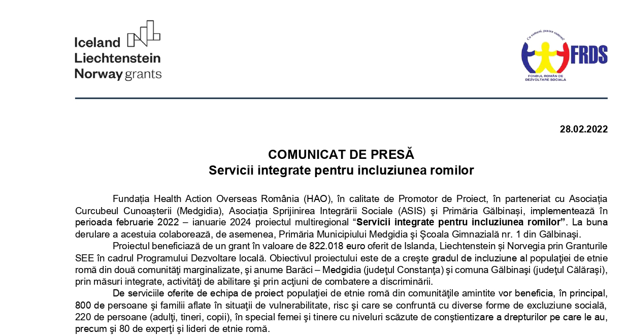 Comunicat de presa: Servicii integrate pentru incluziunea romilor 