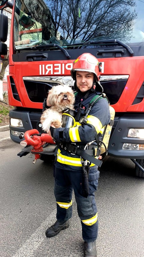Pompierul și cățelul salvat din incendiu. Sursa: ISU Giurgiu
