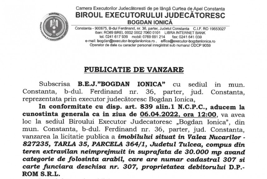Publicatie de vanzare BEJ Bogdan Ionica - imobil situat in Valea Nucarilor