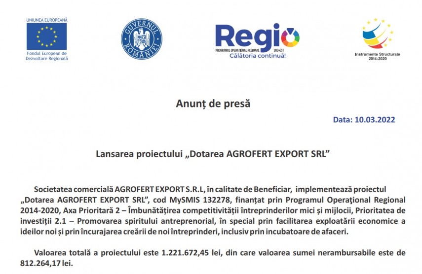 Anunt de presa: Lansarea proiectului Dotarea AGROFERT EXPORT SRL“ 