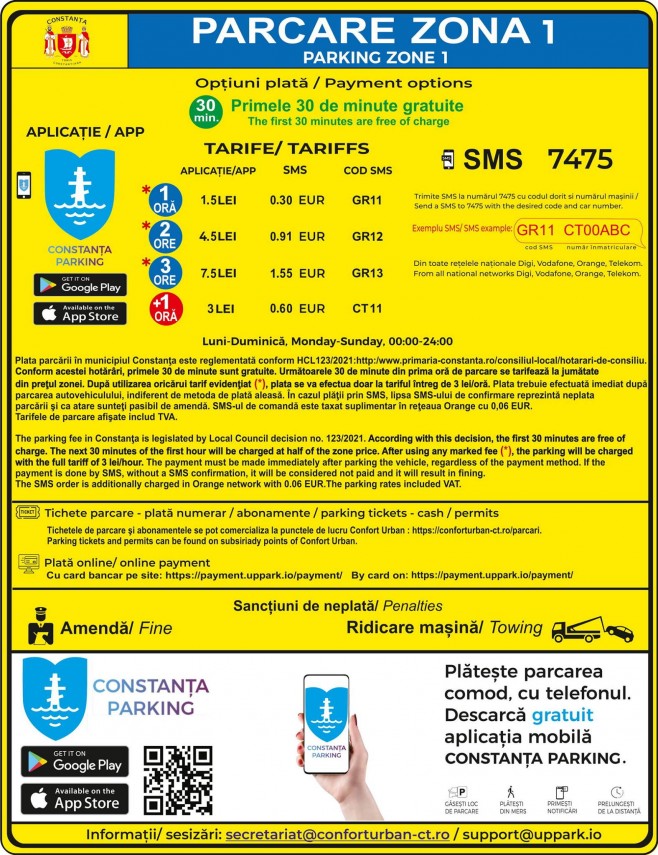 Tarif parcare Zona 1 - conform Regulamentului contestat în parte