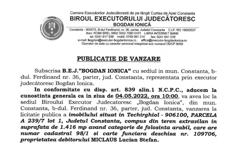Publicatie de vanzare BEJ Bogdan Ionica - imobil situat in Techirghiol