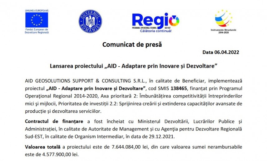 Comunicat de presa: Lansarea proiectului AID - Adaptare prin Inovare si Dezvoltare   