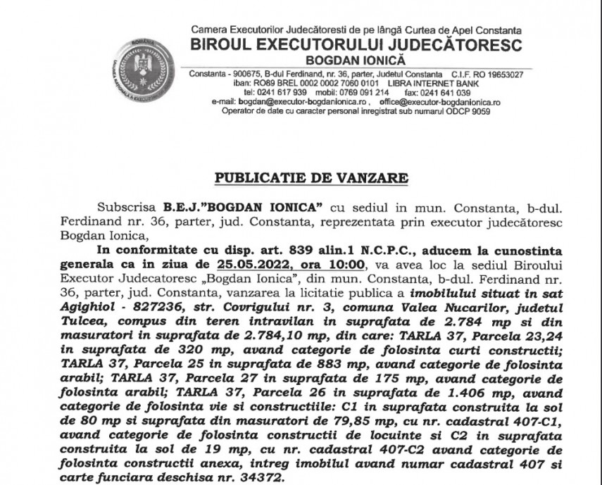 Publicatie de vanzare BEJ Bogdan Ionica - imobil situat in sat Agighiol