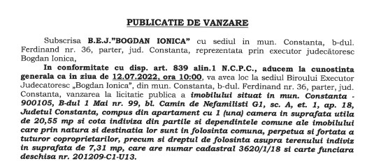 Publicatie de vanzare BEJ Bogdan Ionica - imobil situat in Constanta, bulevardul 1 Mai