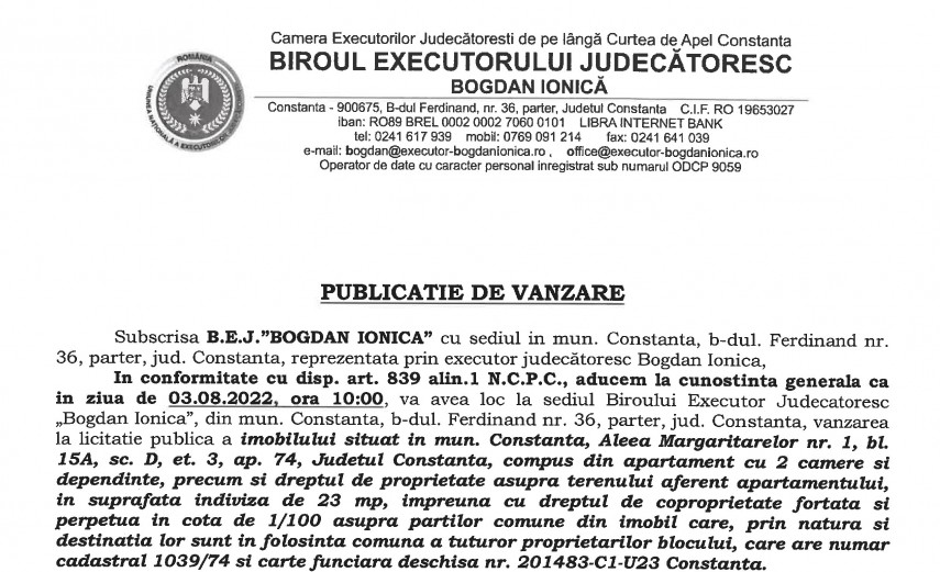 Publicatie de vanzare BEJ Bogdan Ionica - imobil situat in Constanta, aleea Margaritarelor 