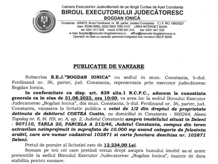 Publicatie de vanzare BEJ Bogdan Ionica - imobil situat in Deleni, judetul Constanta