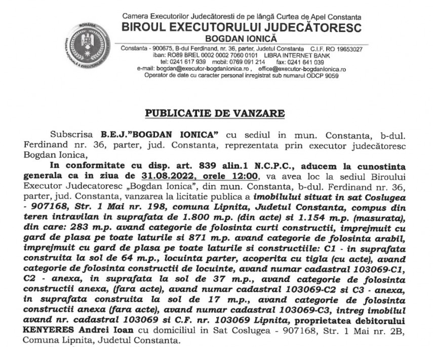 Publicatie de vanzare BEJ Bogdan Ionica - imobil situat in sat Coslugea, comuna Lipnita, judetul Constanta