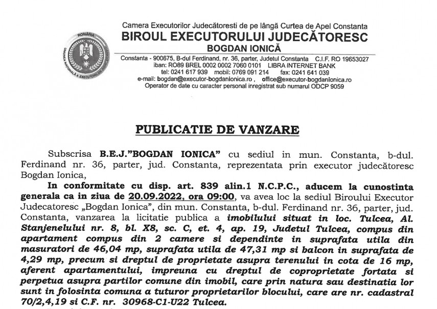 Publicatie de vanzare BEJ Bogdan Ionica - imobil situat in localitatea Tulcea, judetul Tulcea