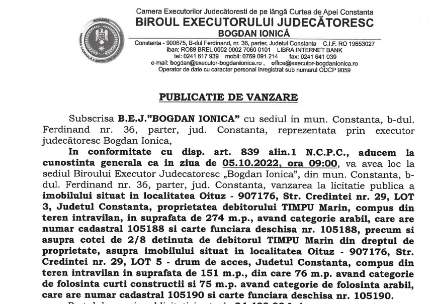 Publicatie de vanzare BEJ Bogdan Ionica - imobil situat in localitatea Oituz