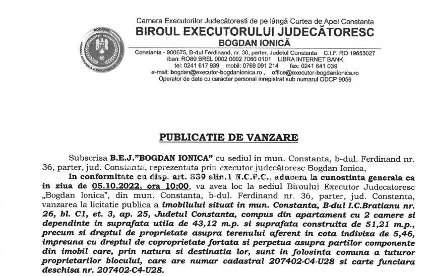 Publicatie de vanzare BEJ Bogdan Ionica - imobil situat in municipiul Constanta - Str. I. C. Bratianu