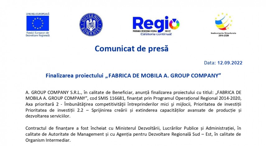 Comunicat de presa: Finalizarea proiectului Fabrica de mobila A. Group Company   