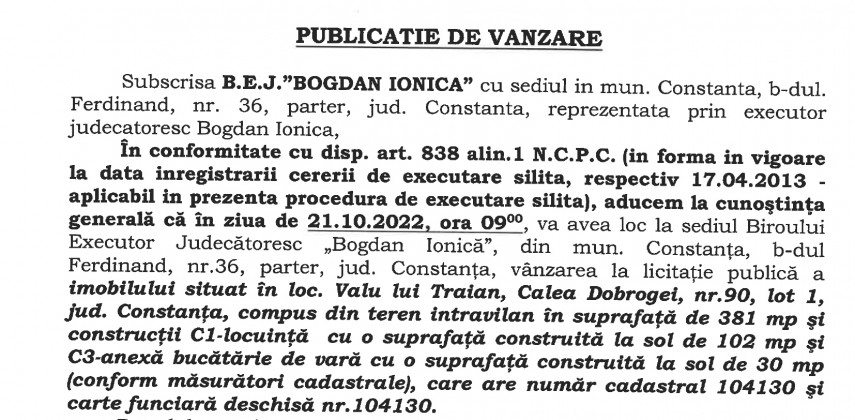 Publicatie de vanzare BEJ Bogdan Ionica - imobil situat in localitatea Valu lui Traian
