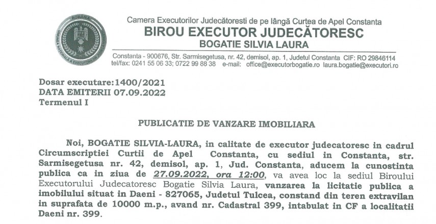 Publicatie de vanzare BEJ Bogatie Silvia -  pentru imobil aflat in Daeni, Jud. Tulcea 
