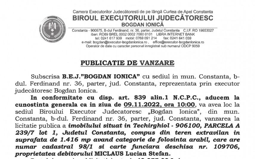 Publicatie de vanzare BEJ Bogdan Ionica - imobil situat in localitatea Techirghiol