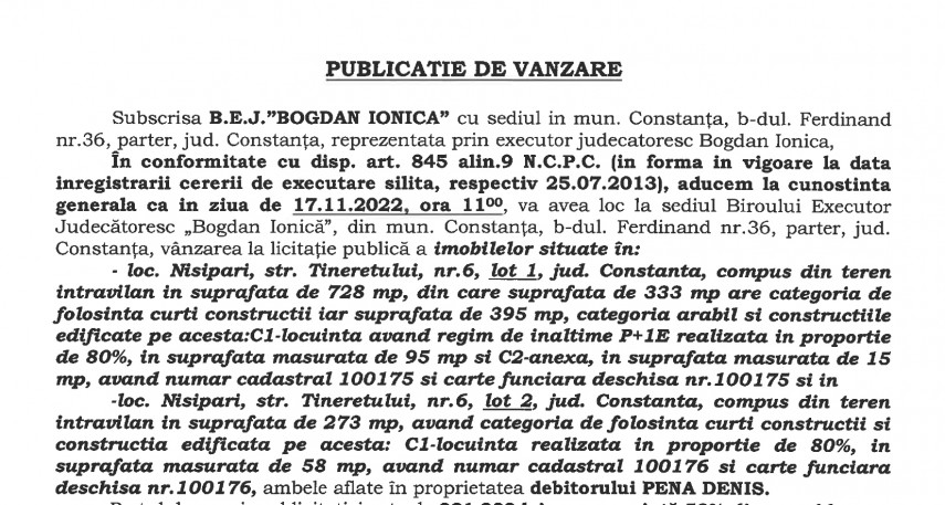 Publicatie de vanzare BEJ Bogdan Ionica - imobil situat in localitatea Nisipari