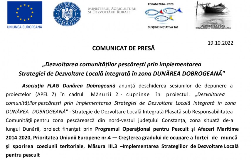 Asociatia FLAG: Anunta lansarea programului Dezvoltarea  comunitatilor pescaresti prin implementarea Strategiei de Dezvoltare  Locala integrata in zona Dunarea Dobrogeana"      