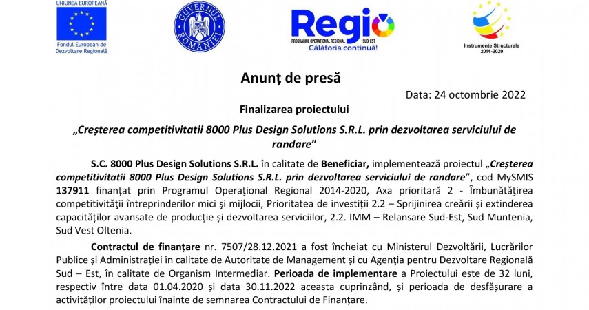 S.C. 8000 Plus Design Solutions:Implementeaza proiectul Cresterea competitivitatii 8000 Plus Design Solutions S.R.L. prin dezvoltarea serviciului de randare  