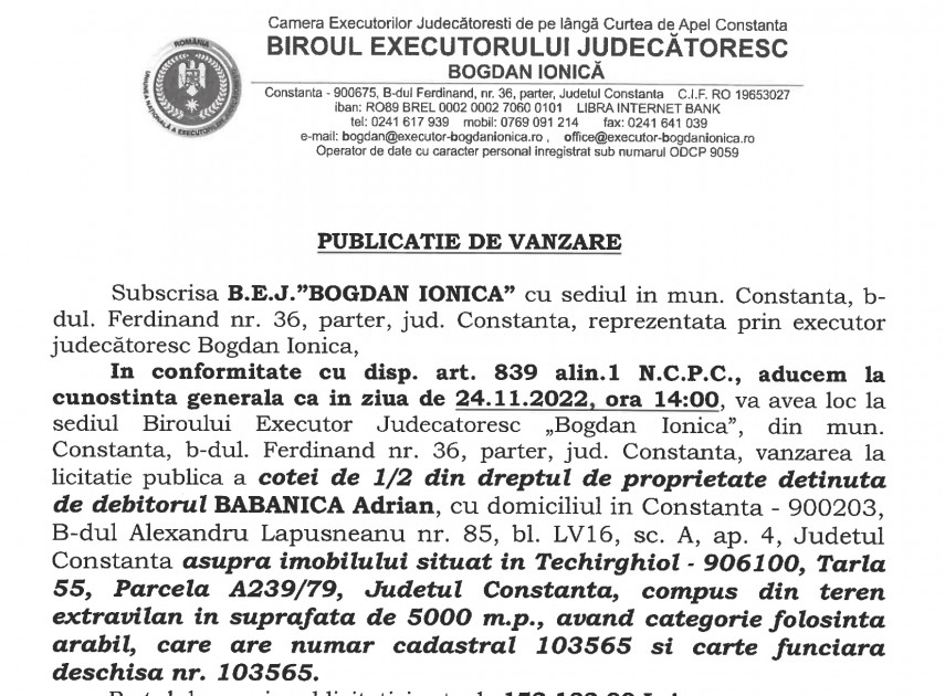 Publicatie de vanzare BEJ Bogdan Ionica - teren situat in localitatea Techirghiol
