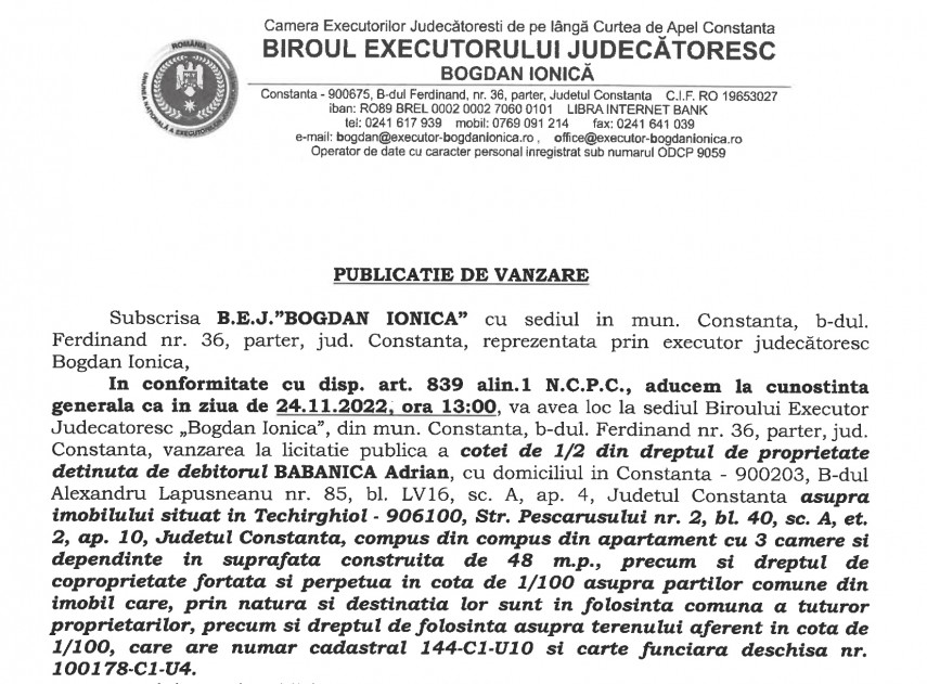 Publicatie de vanzare BEJ Bogdan Ionica - imobil situat in localitatea Techirghiol