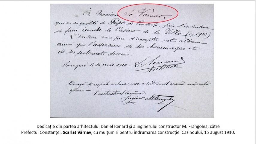 Dedicație din partea arhitectului Daniel Renard și a inginerului constructor M. Frangolea, către prefectul Constanței, Scarlat Vârnav. Sursa foto: Academia Română