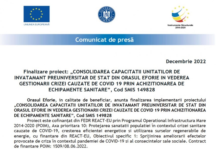 Finalizare proiect: Consolidarea capacitatii unitatilor de invatamant preuniversitar de stat din orasul Eforie in vederea gestionarii crizei cauzate de Covid 19 prin achizitionarea de echipamente sanitare“