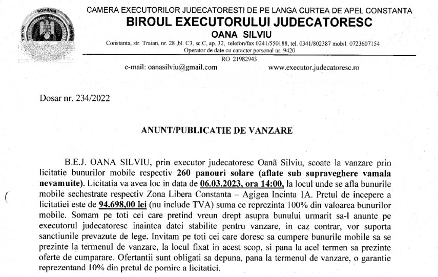 Publicatie de vanzare BEJ Oana Silviu - scoate la vanzare prin licitatie bunuri mobile