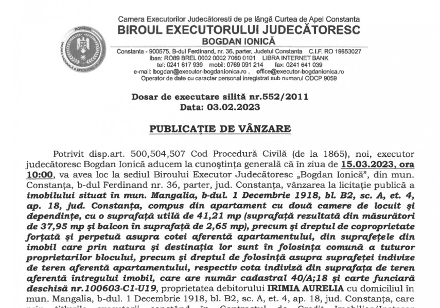 Publicatie de vanzare BEJ Bogdan Ionica - imobil situat in localitatea Mangalia