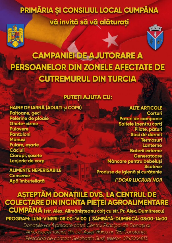 Primaria Cumpana organizeaza o campanie de ajutorare a persoanelor din zonele afectate de cutremurul din Turcia. Cum puteti ajuta?